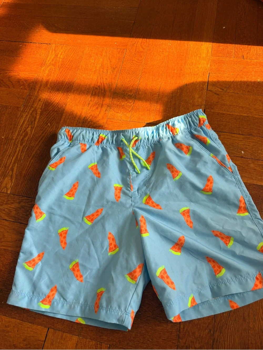 Kids' Swim Shorts Trio - Teal Fruit, Blue Check, Light Blue Pizza